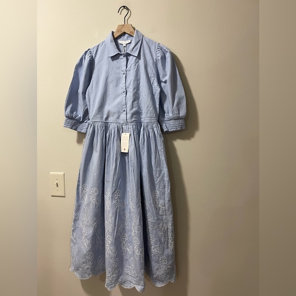 NWT Ivy City Co Chambray White Floral Embroider Scallop Midi Shirt Dress Size XS - Picture 5 of 12